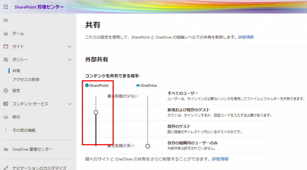 ShaerPoint管理センターの外部共有設定を変更